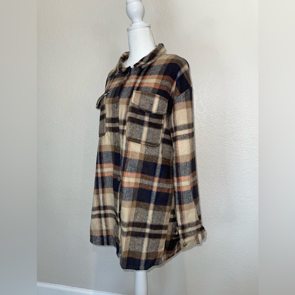 Women Autumn Winter Vintage Long Sleeve Loose Plaid Imitated Woolen Coat Shacket - Picture 1 of 8